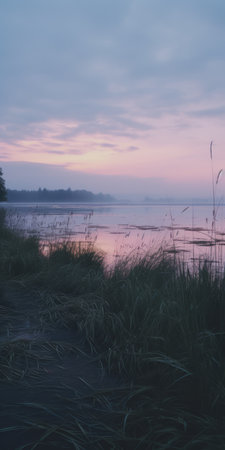 a river on a summer evening, captured in 8k resolution, showcases soft and dreamy tones. this dutch landscape photograph features a misty atmosphere with mysterious backdrops. the image is enhanced by the use of a carl zeiss distagon t 15mm f28 ze lens, creating a captivating blend of light magenta and dark aquamarine hues. ai generatedの素材