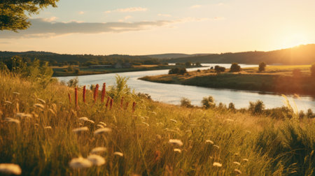 a hillside scene featuring lush green grass, flowing water, vibrant leaves, and abundant vegetation. captured with a canon eos 5d mark iv, this photograph showcases a romantic riverscape in a captivating blend of light red and light gold hues. the image exudes a touch of soviet influence, with hints of light yellow and turquoise, while also incorporating elements of danish design and vintage imagery. aiの素材
