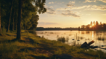 two rivers and a pond at sunset captured in the style of voigtlander nokton 50mm f15 aspherical lens. this uhd image showcases serene pastoral scenes with a serene and peaceful ambiance. the landscape-focused composition highlights the beauty of the light yellow and dark emerald tones, reminiscent of dutch genre scenes. ai generatedの素材