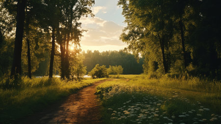 sun shining through trees in a romantic riverscape, captured with a graflex speed graphic camera. this high-definition image showcases the beauty of rural life, with vibrant hues of light yellow and green. created using vray and unreal engine 5, the sunlight creates a mesmerizing effect. ai generatedの素材