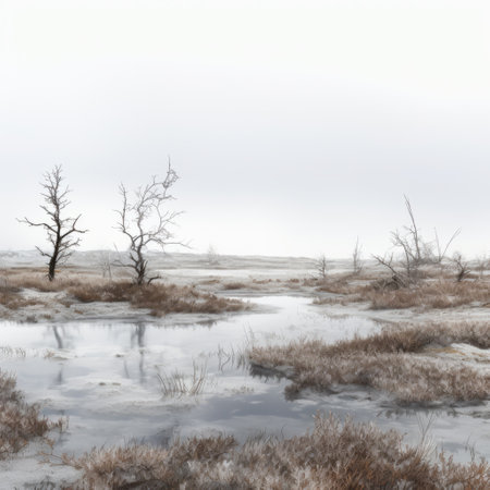 a photo of a desolate winter landscape featuring a dead tree covered in snow. the image captures the essence of photorealistic renderings, with hazy landscapes reminiscent of dutch seascapes. the color palette is dominated by light gray and brown tones, creating a sense of sparseness. this scene embodies the aesthetics of new topographics, showcasing saturated pigment pools in a hauntingly beautiful composition. ai generatedの素材