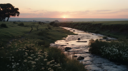 a stream runs across the ground, showcasing the richly colored skies in the style of gerhard munthe's contaxyashica mount. this uhd image captures the serene and peaceful ambiance of a rural life celebration, reminiscent of barthel bruyn the elder's artwork. ai generatedの素材