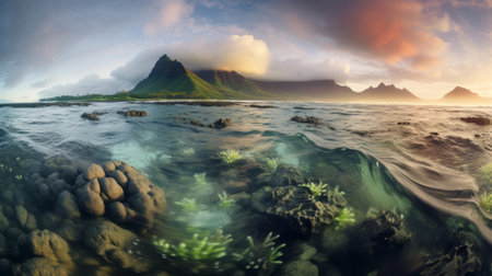 a stunning sunrise over a picturesque reef, captured in ultra high resolution. the mountains are adorned with clouds, creating a mesmerizing scene with ethereal godrays piercing through the morning mist. this magical and epic atmosphere is beautifully portrayed in this wide angle shot taken with a hasselblad camera. ai generatedの素材
