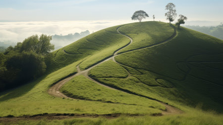 green grass in a field, captured in a gravity-defying landscape style. the image showcases free-flowing lines and draws inspiration from the works of fatima ronquillo, fan ho, and their curvilinear compositions. this uhd image is reminiscent of the stunning photography often featured in national geographic. ai generatedの素材