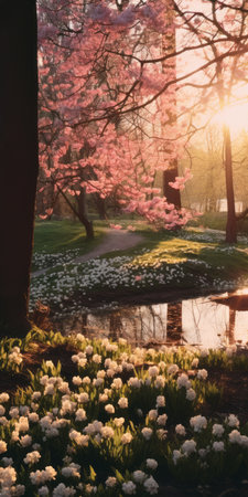 a stunning hd stock photograph of a spring garden in the uk, featuring beautiful flowers in light pink and bronze hues. the photo captures the essence of renowned photographers mikko lagerstedt and jan davidsz de heem, with an artistic touch of anamorphic lens flare. shot with a kodak aerochrome film and fujifilm x-t4 camera, the image showcases mesmerizing reflections. ai generatedの素材