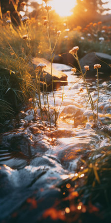 a stream flowing gracefully, illuminated by a warm golden light. this photo captures the essence of lo-fi aesthetics with its soft, dreamy atmosphere. the image showcases beautiful flower and nature motifs, blending seamlessly with the surrounding environment. the play of light in shades of silver and orange adds a touch of enchantment. shot with an olympus xa2 camera, this photo exhibits the stunning effects ofの素材