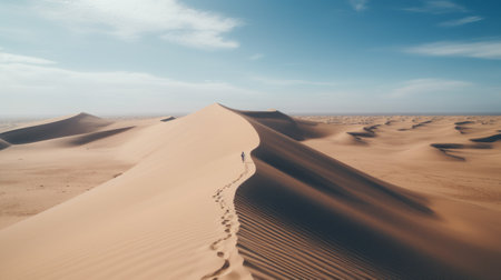 a person walks across the sahara desert, showcasing a minimalist style with light brown and navy tones. the photograph captures the grandeur of the vast desert landscape, emphasizing the scale and beauty of the surroundings. shot with a konica big mini camera, the image exudes a sense of humanistic empathy. this high-resolution 32k uhd photo is taken at iso 200. ai generatedの素材