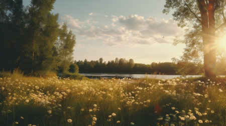 sunset in the forest with white dandelions in the field, rendered in unreal engine, captures the calm waters and rural life depicted in nicolaes van verendael's artwork. this analogue filmmaking style by atey ghailan showcases the beauty of nature and the immersive experience of unreal engine 5. ai generatedの素材
