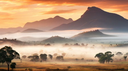 foggy mountain in sunrise, showcasing the charm of idyllic rural scenes in tanzania. this national geographic photo captures the intricate patterns and delicate lines of the landscape, with a beautiful blend of orange and green hues. reminiscent of traditional british landscapes, it exudes the captivating style of australian landscapes. ai generatedの素材