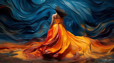 a woman in an orange dress stands gracefully along the crashing waves, captured in a vibrant and saturated palette. the dark yellow and dark azure hues create a mesmerizing contrast, reminiscent of fantasy illustrations. this speedpainting, reminiscent of national geographic photos, showcases the flowing fabrics and dramatic use of color. ai generatedの素材