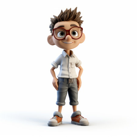 a 3d cartoon man wearing glasses and grey pants is depicted in this charming image. the style of the character exudes child-like innocence, reminiscent of artists such as henry scott tuke and skottie young. the artwork is rendered in 32k uhd resolution, showcasing the intricate details of the white and brown color palette. this delightful illustration brings to mind the endearing anime characters and theの素材