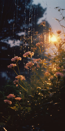 glass frame with water splashes, featuring dreamy romanticism in light amber and pink hues. this captivating artwork by laura makabresku showcases flower and nature motifs, while sunrays delicately illuminate the scene. inspired by the nightscape, this piece also draws influence from the works of toms saraceno. ai generatedの素材