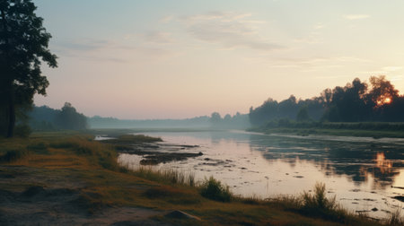 a small river flows gently through a picturesque field of lush grass and shrubs, creating a scene reminiscent of hazy romanticism. this stunning photograph, captured in 8k resolution by aleksandr deyneka, showcases the artist's talent for portraying romantic riverscapes and lively coastal landscapes. the misty atmosphere adds a touch of mystery, while the light maroon and sky-blue hues enhance the overall beauty of the image.の素材