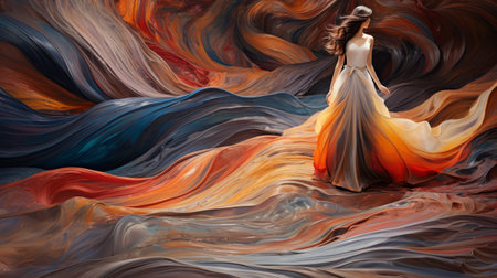 a woman stands amidst a breathtaking landscape of orange and purple mountains, reminiscent of fluid impressionist art. the scene captures the essence of flowing fabrics and the artistic style of serge marshennikov. the high dynamic range of colors adds a touch of enchantment, resembling illustrations from fairy tales. the naturalistic ocean waves and abundant paint create a truly mesmerizing composition. ai generatedの素材