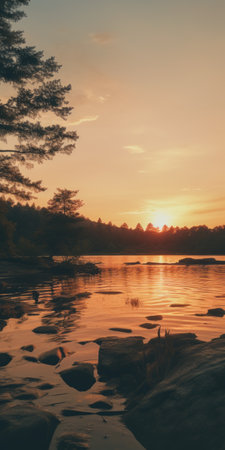 the photo captures a stunning sunset resembling a gentle sunrise, reminiscent of heiner luepke's whimsical wilderness style. shot on fujifilm pro 800z film by leander engstrom, it showcases romantic riverscapes reminiscent of august friedrich schenck's artwork. the 35mm lens adds depth and detail to this captivating scene. ai generatedの素材