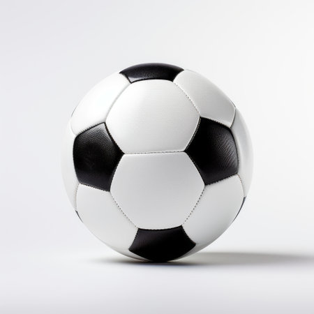 a black and white soccer ball, featuring a minimal retouching style, is placed on a white background. the dynamic color combinations of light purple and dark brown create a visually striking contrast. made of leatherhide, this creative commons attribution image showcases bold structural designs. vray tracing enhances the overall aesthetic appeal of the photo. ai generatedの素材