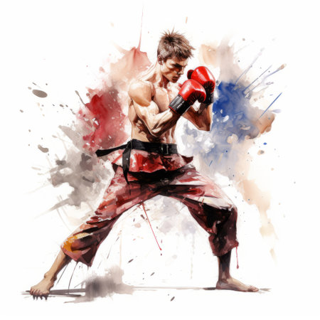 a man practicing boxing with mud dots on the background, in the style of watercolor illustrations. the artwork showcases precisionist art, manga style, with colorful costumes in white and red. the image is in aurorapunk aesthetic and is available in 32k uhd resolution. ai generatedの素材