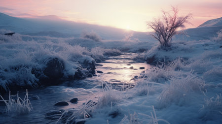 frost covefall, a stunning landscape captured in this uhd image, showcases a frosty winter scene. rendered in cinema4d, the soft pastel skies create an atmospheric ambience. the light magenta and dark amber hues add depth to the serene pastoral scenes. this associated press photo captures the beauty of nature in a captivating way. ai generatedの素材