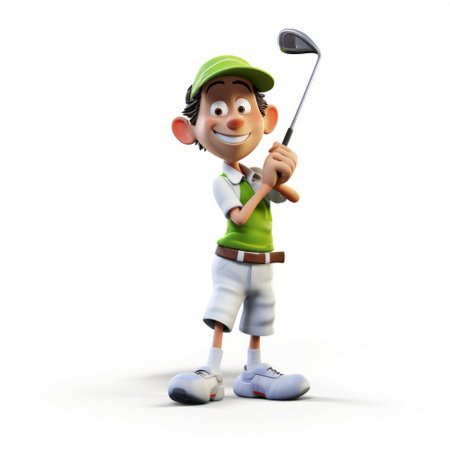 3d animated golf player isolated on white, featuring a whimsical children's book illustrator style. the rendering is realistic and detailed, reminiscent of the works of john wilhelm. the character design is cartoonish, taking inspiration from lorenzo costa the younger. the artist has employed varied brushwork techniques, resulting in a visually captivating piece. the overall composition exudes a sense of playfulness and charm. ai generatedの素材