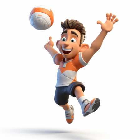 a 3d illustration featuring a football player showcasing impressive skills by bouncing a volleyball ball. this charming character illustration, in white and orange, captures lively action poses with a focus on facial expressions. inspired by the styles of ken sugimori, aquirax uno, and lorenzo costa the younger. ai generatedの素材
