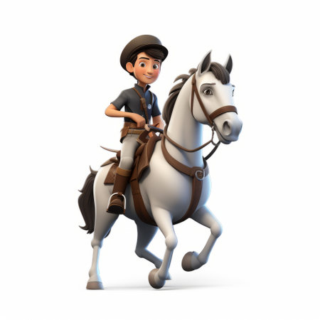 a character riding on a horse, depicted in the style of disney animation, stands out against a white background. this daz3d creation captures the essence of the spanish school and national geographic photography. the character's strong facial expression adds intensity to the scene, while the youthful protagonists exude a utilitarian vibe. ai generatedの素材