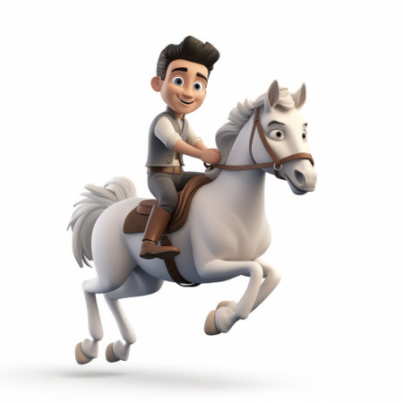 a boy, depicted as a 3d rider, is captured in this photo taken with a nikon d750. the image showcases the boy in the style of witty and clever cartoons, against a light white background. the scene is inspired by indian culture, featuring realistic equine paintings reminiscent of disney animation. the photo exudes a touch of hispanicore. ai generatedの素材