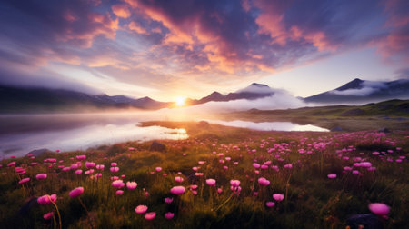 a stunning sunrise over a picturesque meadow, captured in ultra high resolution. the mountains are adorned with clouds, creating a mesmerizing scene. the morning mist adds an ethereal touch, with godrays piercing through. this magical and epic atmosphere is beautifully portrayed in this wide angle shot taken with a hasselblad camera. ai generatedの素材