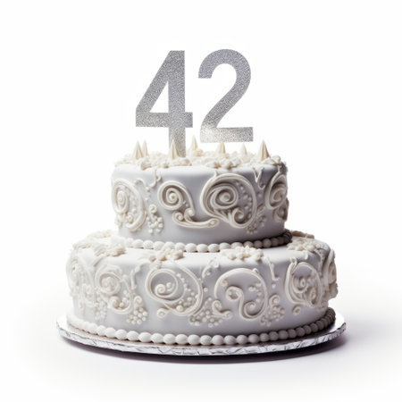 two-tier cake with the number 42 on top, featuring a white background and detailed background elements. the photo is captured in the style of adox silvermax, showcasing layered translucency and spirals. the iso is set at 200. ai generatedの素材