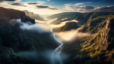 a stunning sunrise over a breathtaking canyon, captured in ultra high resolution photography. the majestic mountains are adorned with clouds, creating a mesmerizing scene. the morning mist adds an ethereal touch, as godrays pierce through, creating a truly magical and epic atmosphere. this captivating image was taken with a wide angle lens on a hasselblad camera. ai generatedの素材