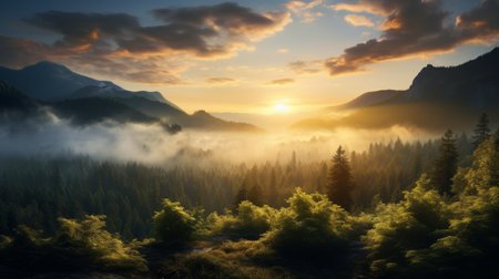 a stunning ultra high-resolution photograph captures the enchanting beauty of a forest at sunrise. the majestic mountains are adorned with clouds, while ethereal godrays pierce through the morning mist. this magical and epic scene is expertly captured using a wide-angle lens on a hasselblad camera. ai generatedの素材