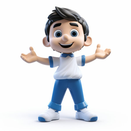 a cartoon character, inspired by the style of vray tracing, is depicted waving with his hands. the character, created by juan carreo de miranda, features a glossy finish and a figuratively textured appearance. the design showcases a white and blue color scheme, adding a vibrant touch to this hispanicore-inspired artwork. ai generatedの素材