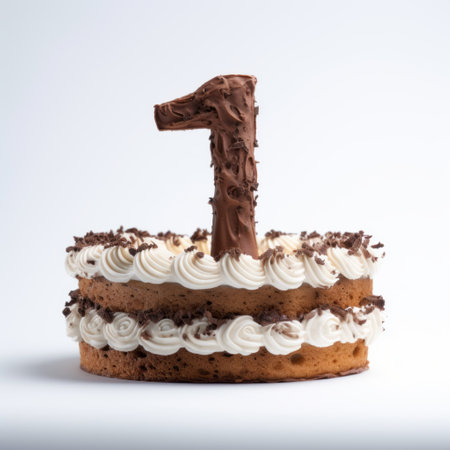 a conceptual photography of a cake with chocolate frosting and a single number. the cake is designed in a white and beige color scheme, representing the 1st version. the artistic style of the photo incorporates elements of knightcore and frottage. the cake itself is made of rubber, with rich layers that add depth to the composition. ai generatedの素材