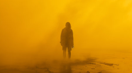 a person stands at the edge of a yellow mist, enveloped by fog. this conceptual installation captures the essence of grim realism, with a touch of psychedelic absurdism. the golden light adds a sense of intensity to the dark and gritty atmosphere, while the light orange hues evoke intense emotional expression. ai generatedの素材