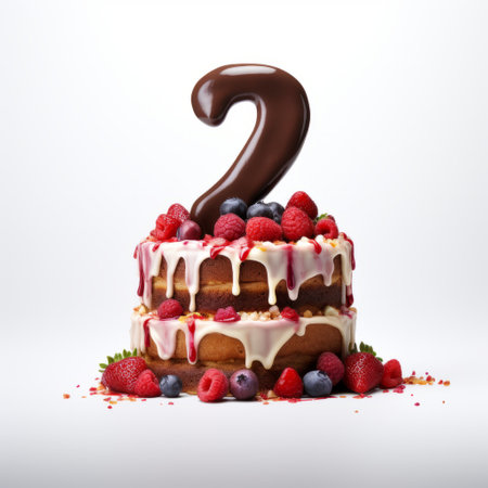 a cake adorned with strawberries and berries, featuring the number two, showcases a mesmerizing layered illusion style reminiscent of artists like nicolas delort and mike campau. the color palette of crimson and brown adds depth and richness to the design, while the influences of dutch and flemish art, hurufiyya movement, and josef kote's work can be seen in the intricate details. ai generatedの素材