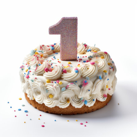 a photo of taylor's one-year birthday cake with a number 1 on top, beautifully decorated with sprinkled icing. the cake is captured in the style of chris van allsburg, using focus stacking techniques. the image showcases the artistic influences of daniel garber, with ambient occlusion adding depth. the pastel colors create a visually appealing composition. this captivating photo was shared on flickr and is associatedの素材