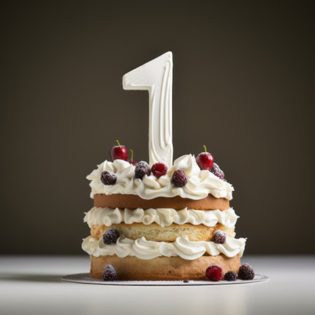 a 1st birthday cake with a number on top, beautifully decorated in a darktable processing style. the cake features a light white and maroon color scheme, creating an eye-catching contrast. this unique creation, known as "duckcore," won a contest for its intensely personal and innovative design. ai generatedの素材