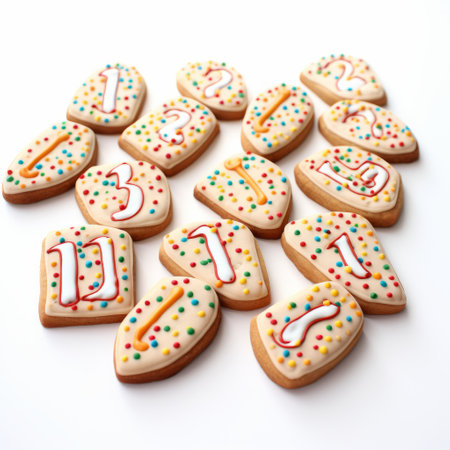 decorated cookies in various designs and colors are neatly arranged inside boxes. these cookies showcase a blend of numerical complexity, humor meets heart, dotted patterns, 21st-century aesthetics, dramatic diagonals, party kei influences, and a glossy finish achieved through poured resin. ai generatedの素材