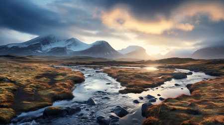 a stunning ultra high-resolution photograph captures the breathtaking beauty of a tundra at sunrise. the majestic mountains are adorned with clouds, while ethereal godrays pierce through the morning mist. this magical and epic scene is expertly captured using a wide-angle lens on a hasselblad camera. ai generatedの素材