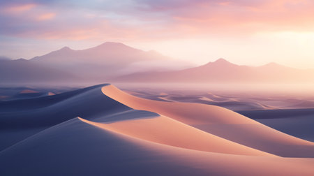 a stunning ultra high-resolution photograph captures the breathtaking beauty of a dune at sunrise. the majestic mountains are adorned with clouds, while ethereal godrays pierce through the morning mist. this magical and epic scene is expertly captured using a wide-angle lens on a hasselblad camera. ai generatedの素材