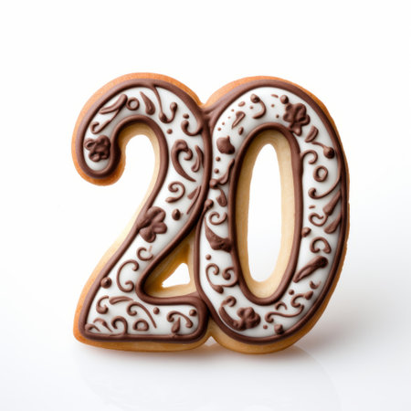 a white cookie with the number 20 is adorned with calligraphic marks and decorations. the brown background adds a photographically detailed portraitures effect. this milleniwave-inspired cookie is captured in an elongated and dramatic composition. shot at iso 200, the cookie's rubbery texture is beautifully highlighted. ai generatedの素材