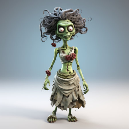 a zombie, inspired by the style of marguerite blasingame, stands on a gray background. the zombie is holding something and is depicted in light green and light bronze colors. the artwork is created using vray and features a cartoonish satire style with elaborate costumes. the design is cute and heavily textured, showcasing the artist's unique and whimsical approach. ai generatedの素材
