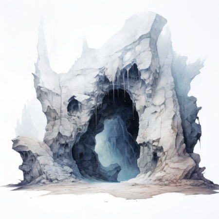 a painting of a cave inside another cave, featuring isolated landscapes in light white and light cyan. the artwork captures the essence of frostpunk and showcases stone sculptures amidst melting and deconstructed landscapes. this high-resolution image is rendered in 20 megapixels, offering stunning detail and clarity. ai generatedの素材