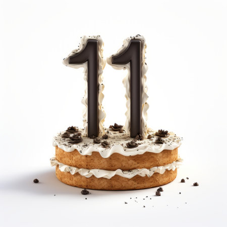 11 in cake with frosting and chocolate, showcasing numerical complexity and powerful symbolism. this unique black and white photograph captures the essence of dutch and flemish influences, with its light gray and beige tones. the editorial illustration style adds depth to the image, while the dusty piles in the background add an intriguing element. ai generatedの素材