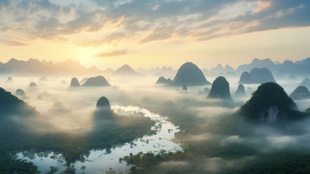 a stunning ultra high-resolution photograph captures the breathtaking beauty of a karst formation at sunrise. the mountains are adorned with clouds, creating a mesmerizing scene as godrays pierce through the morning mist. this magical and epic atmosphere is expertly captured with a wide-angle lens on a hasselblad camera. ai generatedの素材