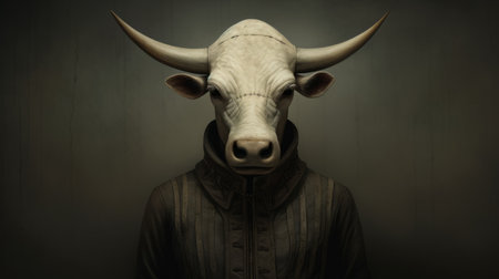 a detailed illustration of a buffalo head with impressive longhorns, created in the unique artistic style of sacha goldberger, gabriel pacheco, and bone. this immersive artwork showcases intricate costumes and was commissioned for a project related to ivory. ai generatedの素材