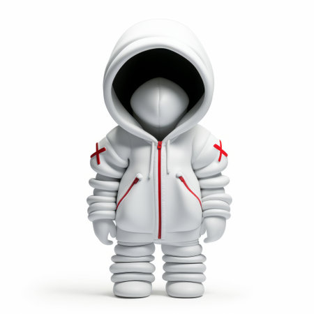 a white and black hoodie man is depicted in this untitled photo. the man is isolated on a white background, resembling adorable toy sculptures. the design has a futuristic spacecraft vibe, with silver and crimson elements. the photo captures street art characters with bold colors, marks, and a matte finish. ai generatedの素材