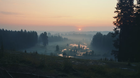 a river meandering through a dense forest, captured in the hazy landscape style. the image showcases a blend of light aquamarine and orange hues, reminiscent of historical imagery. with its 8k resolution, this photograph by vladimir tatlin celebrates rural life, featuring high horizon lines that add depth to the composition. ai generatedの素材