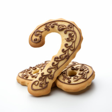 three decorated cookies with the number 2, featuring illusory images and dutch baroque style. these cookies showcase ambiguous forms and 3d effects, with smooth curves that add an artistic touch. this associated press photo captures the symbolist mystery behind these unique treats. ai generatedの素材