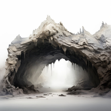 an illustration of a cave with rocks, featuring a realistic yet ethereal style. the dark and light white tones create a decaying landscape, while arched doorways add a touch of fantasy. the cave is adorned with bizarre and fantastical elements, such as spiky mounds. the overall effect is captured in a matte photo finish. ai generatedの素材