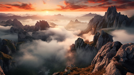 a stunning ultra high-resolution photograph captures the breathtaking beauty of a karst landscape at sunrise. majestic mountains adorned with clouds create a mesmerizing scene, enhanced by ethereal godrays piercing through the morning mist. this magical and epic atmosphere is expertly captured using a wide-angle lens on a hasselblad camera. ai generatedの素材